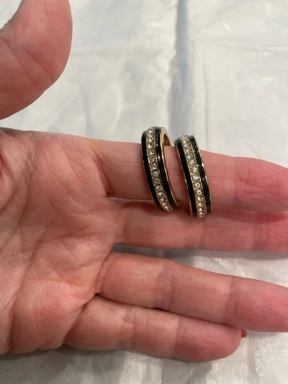 Gold Navy Enamel Rhinestone Hoop Earrings Medium - Picture 9 of 12